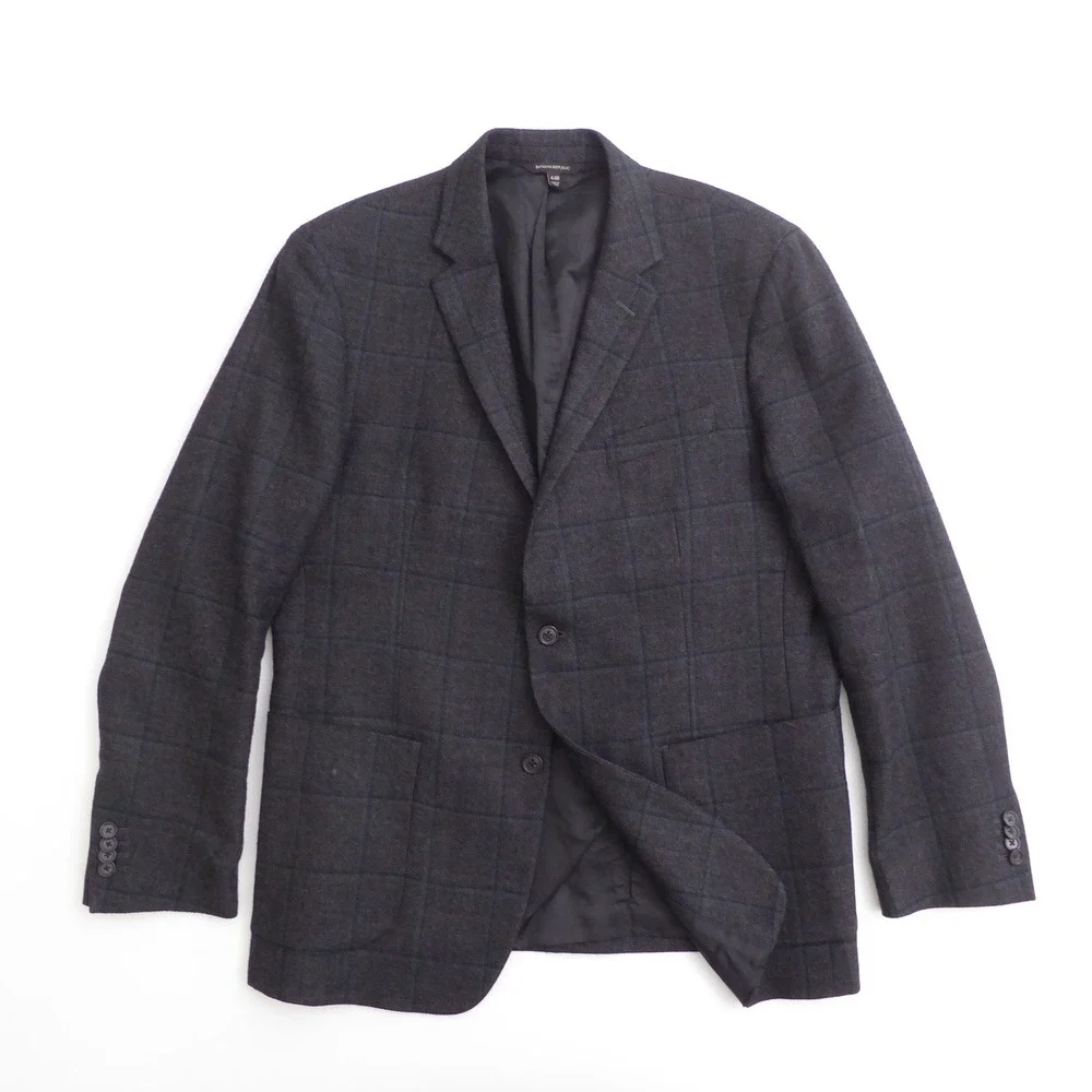 Banana Republic Mens Blazer Textured Charcoal Gray Wool Windowpane Slim Fit 44R
